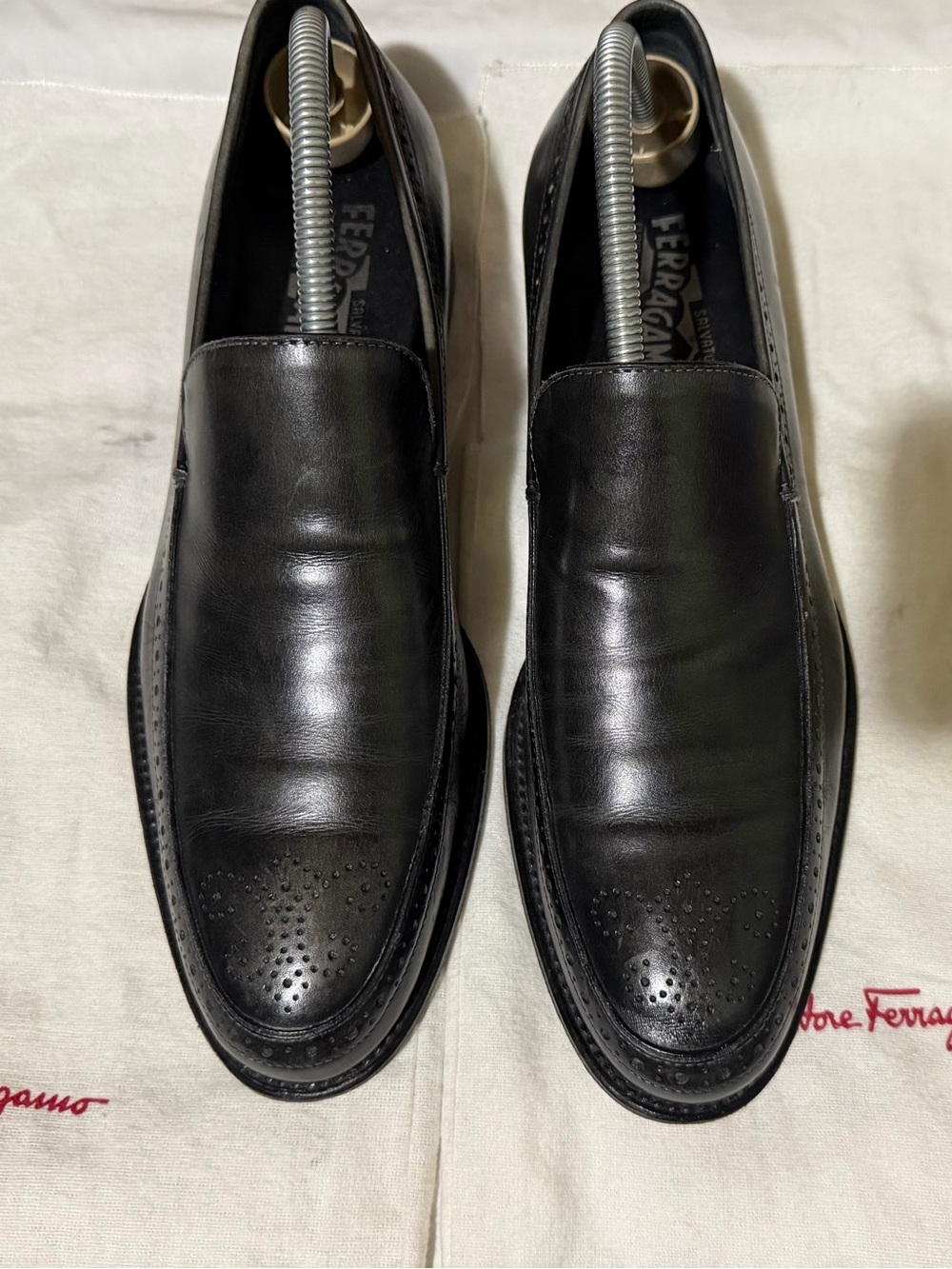 Salvatore Ferragamo Black Leather Slip-On Brogue Toe Loafers